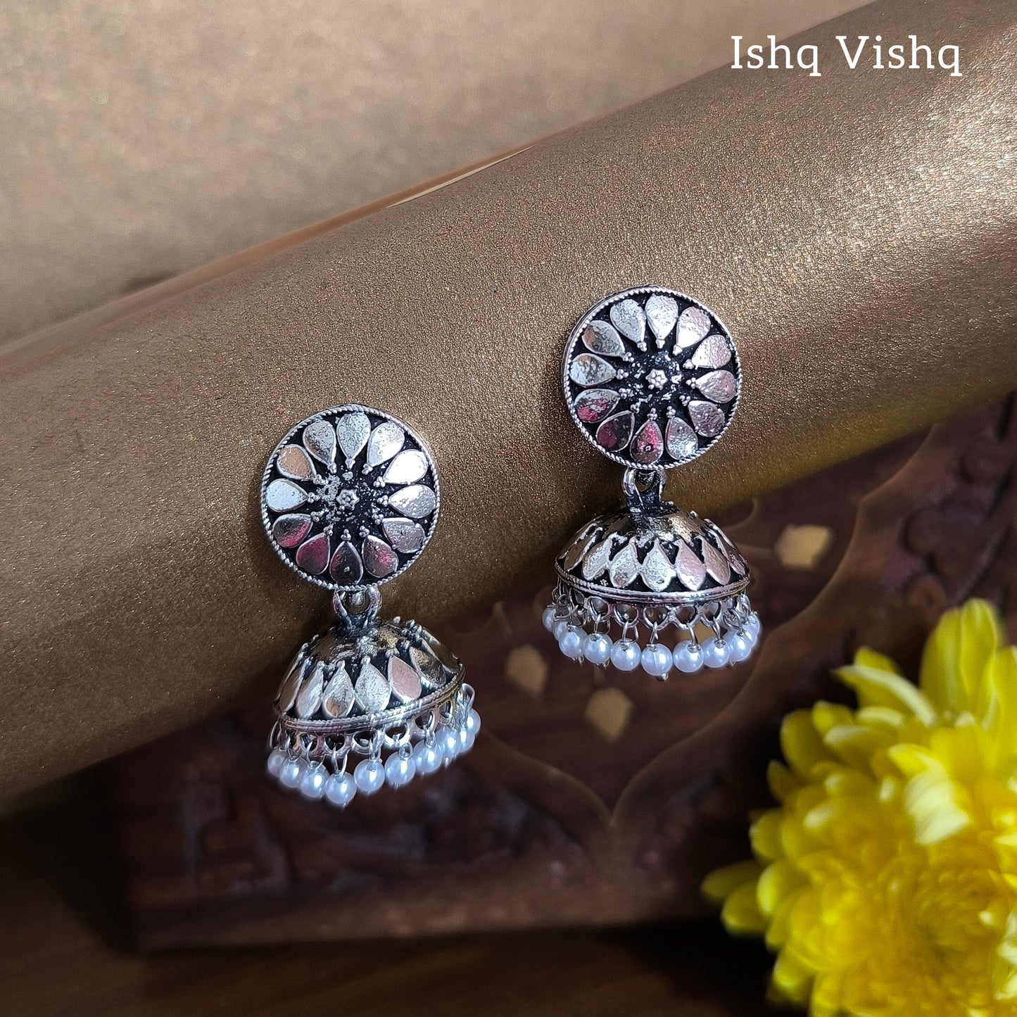 Silver Oxidised Floral Design Pearl Drops Jhumka