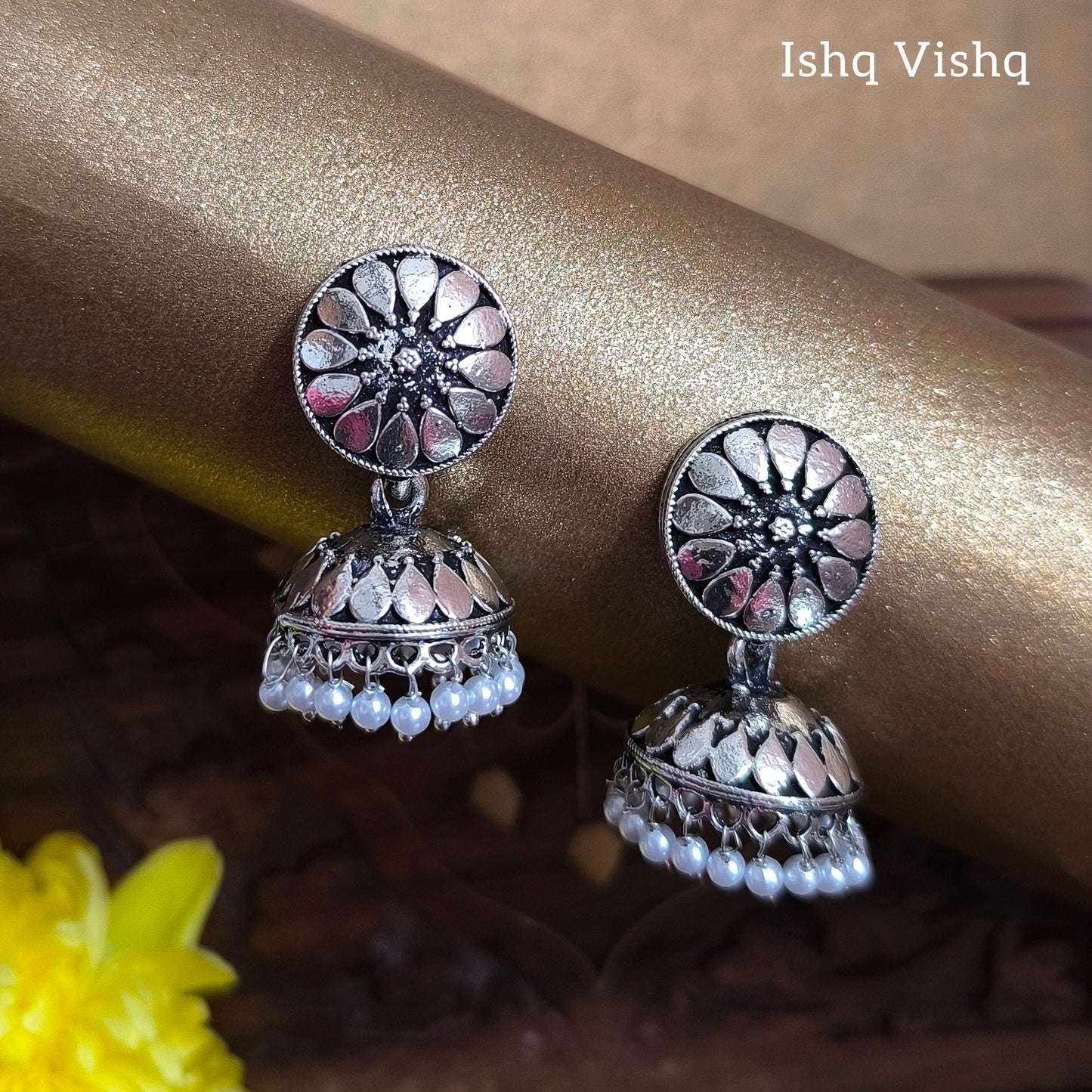 Silver Petal Charm Drops Jhumkis