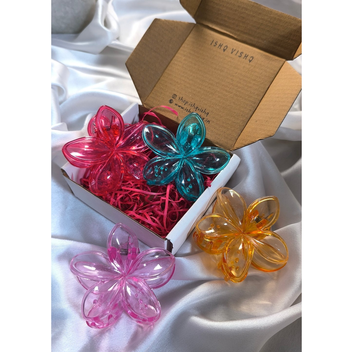 4 Combos of Transparents Floral Claw Clips, Size-L