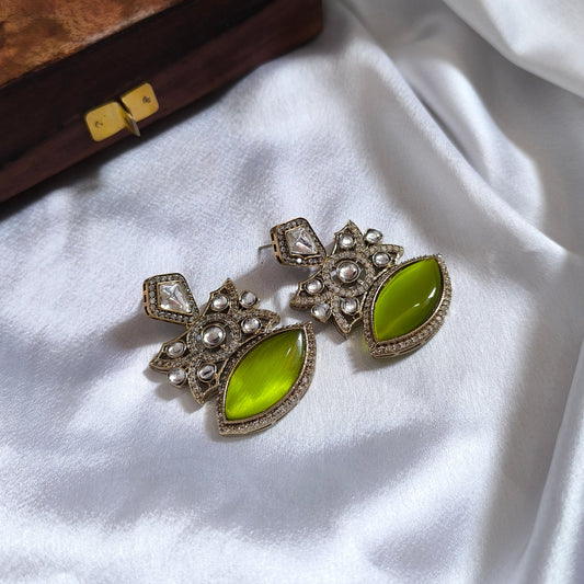 Avni Parrot Cat-Eye Stone with Polki Designer Premium Earrings