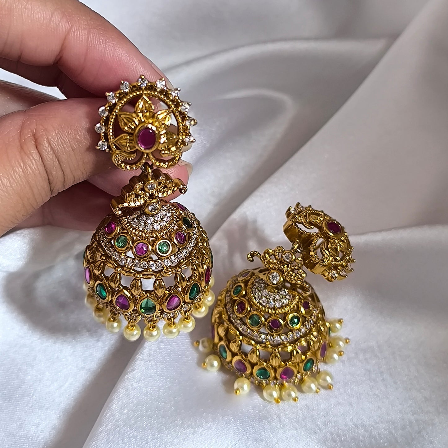 Gold-Plating Cubic Zirconic & Kundan Stones Premium Jhumka