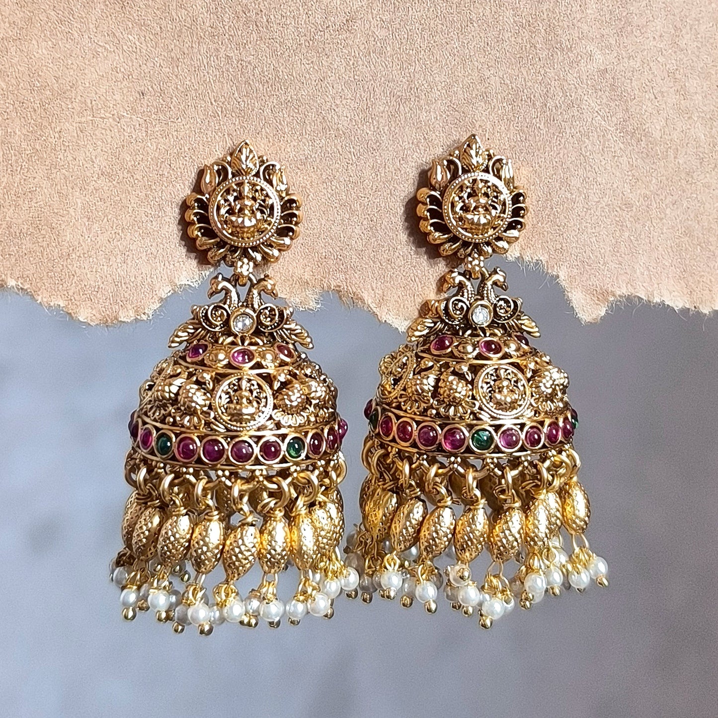 Gold-Plating Peacock & Goddess Lakshmi Pearl Drops Premium Jhumka