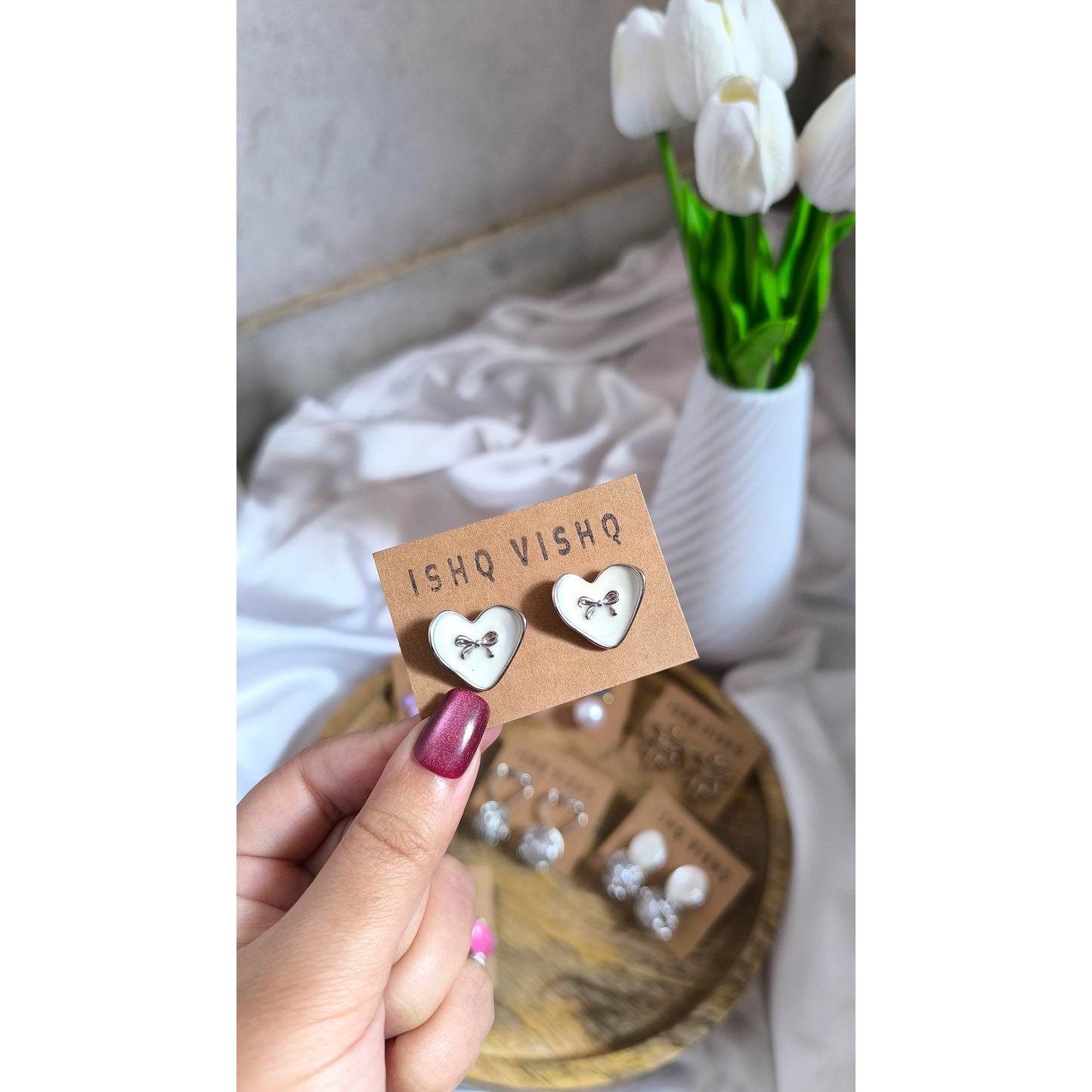 Korean White Heart Bow Enamel Earrings