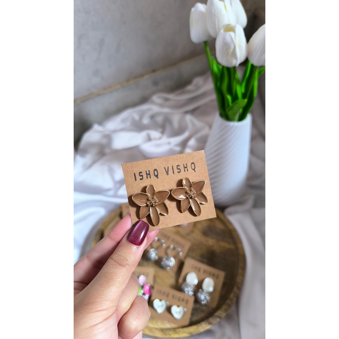 Korean Chocolate Brown Floral Enamel Earrings