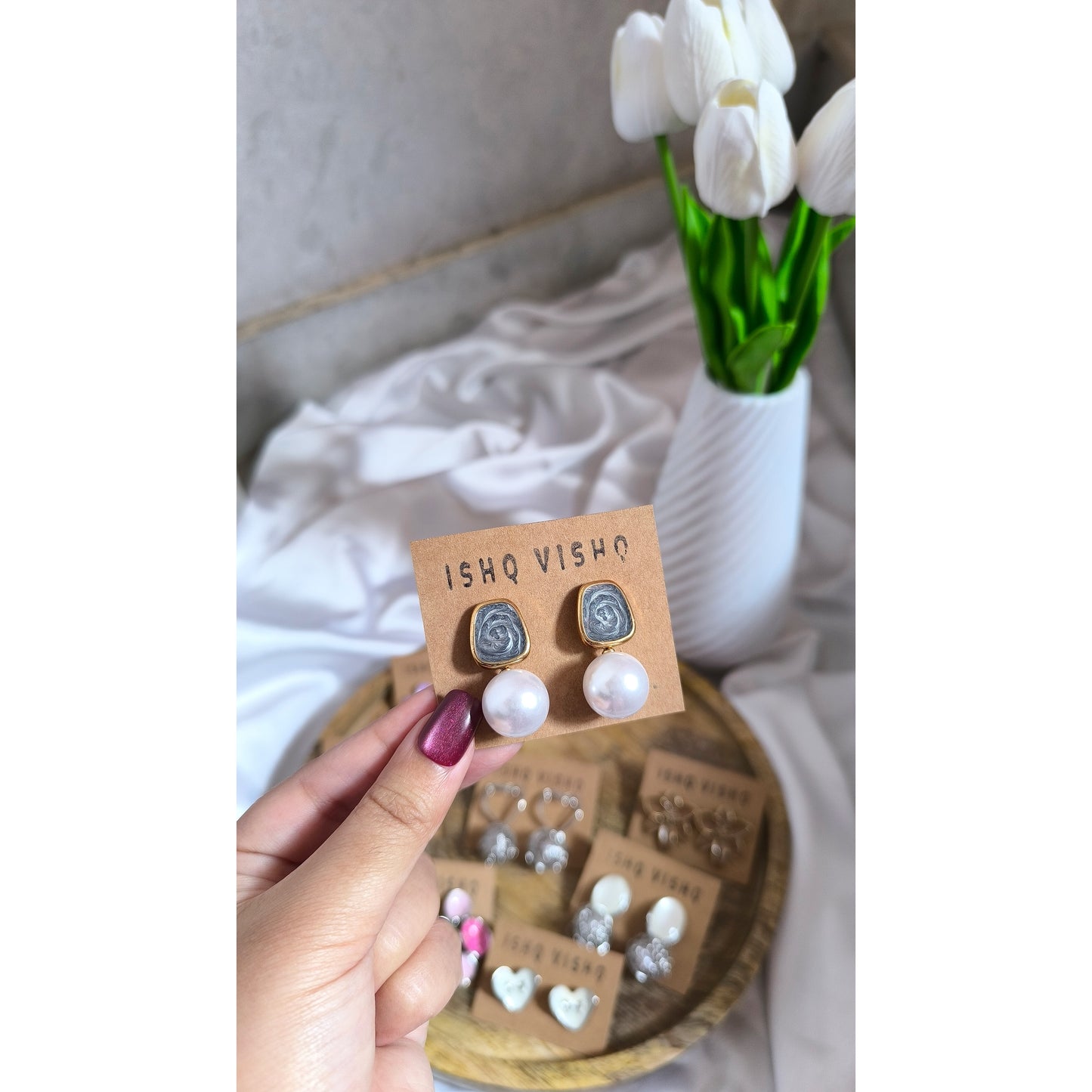 Korean Glittery Grey Enamel and Pearl Drops Earrings