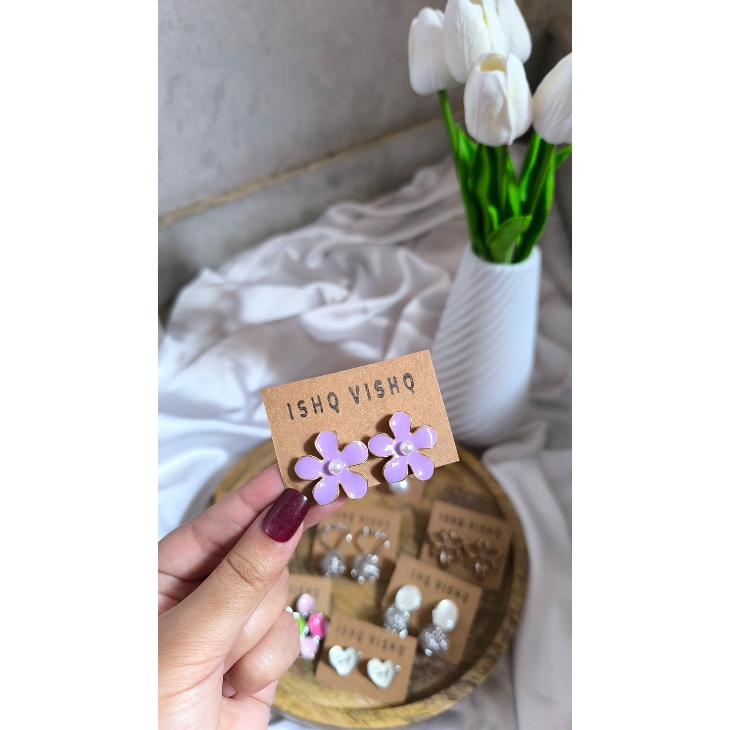 Korean Purple Floral Enamel Earrings