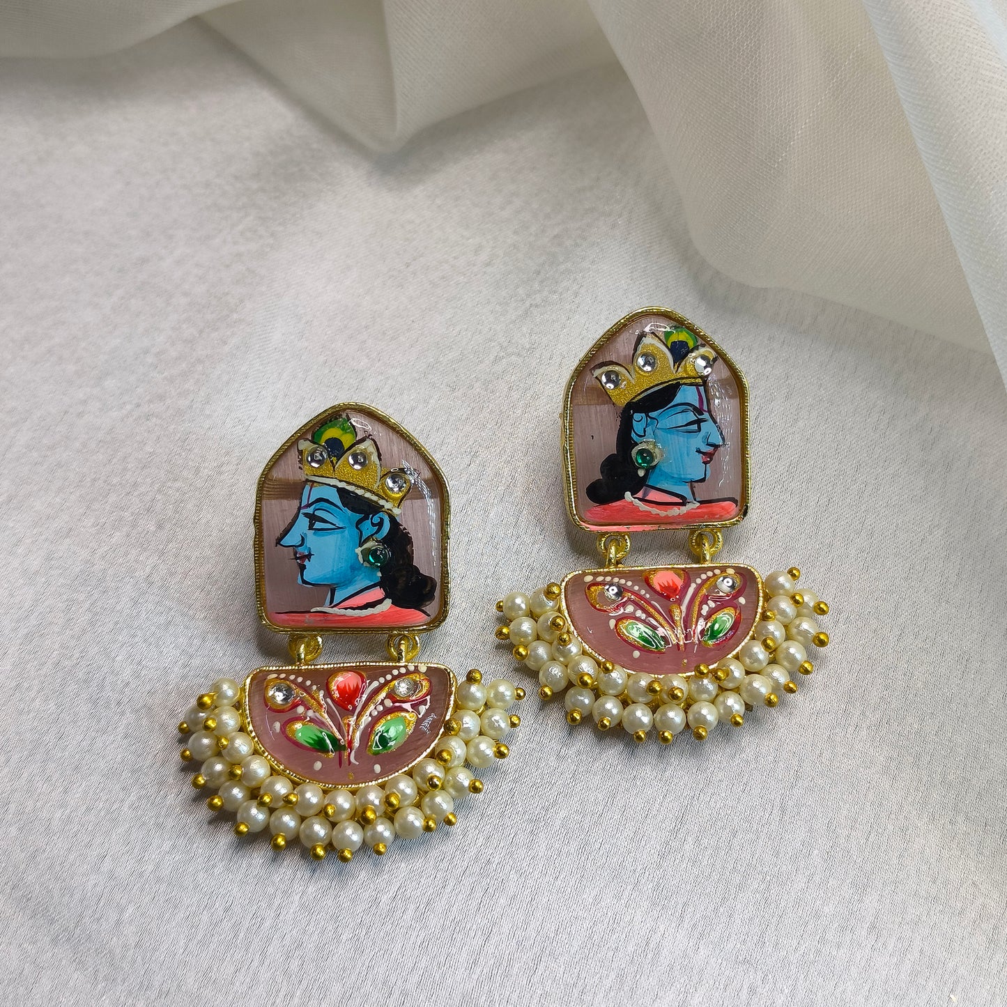 Hand-Painted Lord Krishna on Agate Stone Premium Earrings