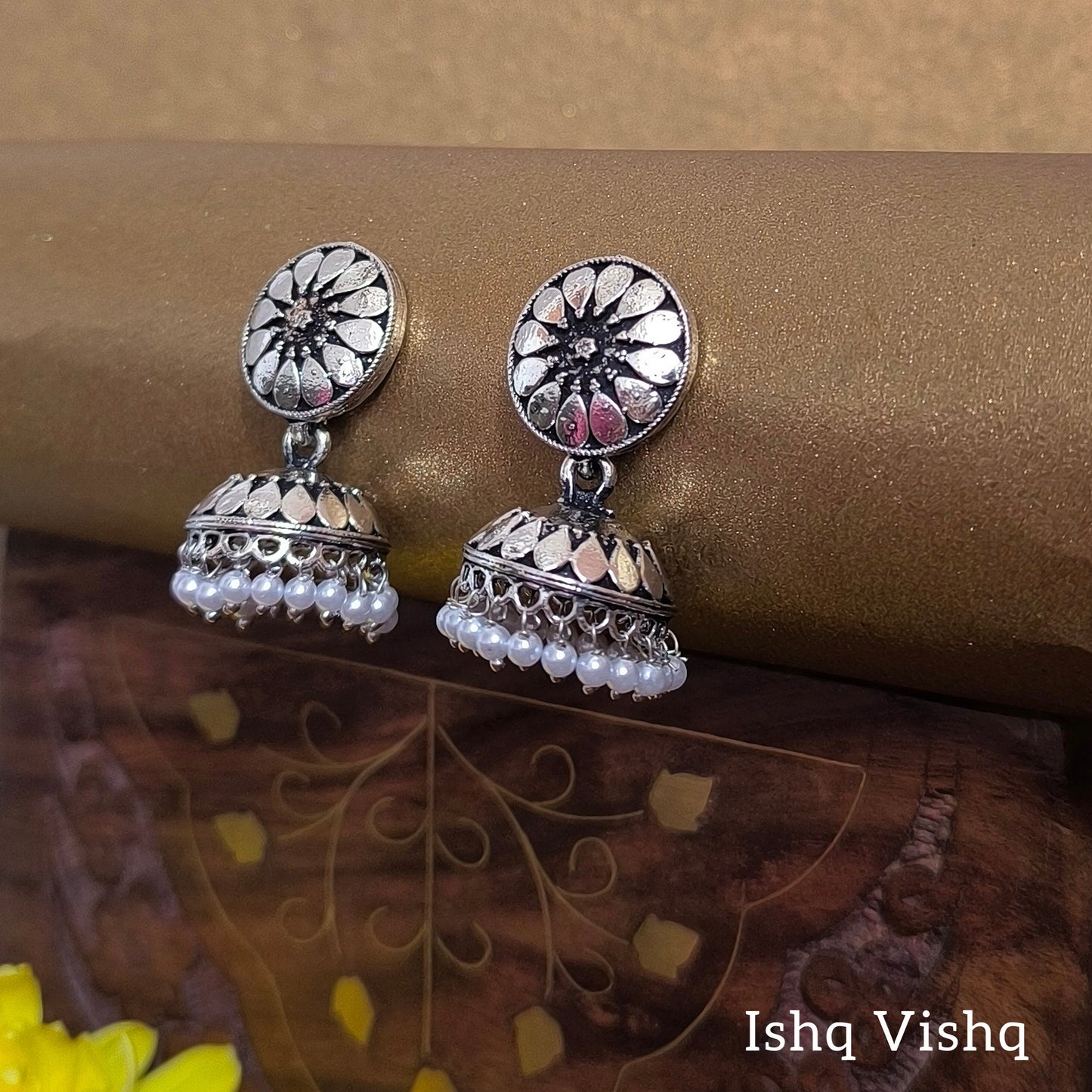 Silver Oxidised Floral Design Pearl Drops Jhumka