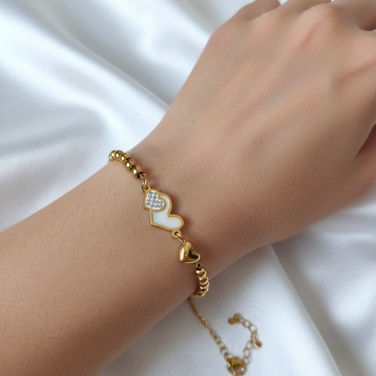 Anti-Tarnish White Enamel,Golden and AD Heart Bracelet