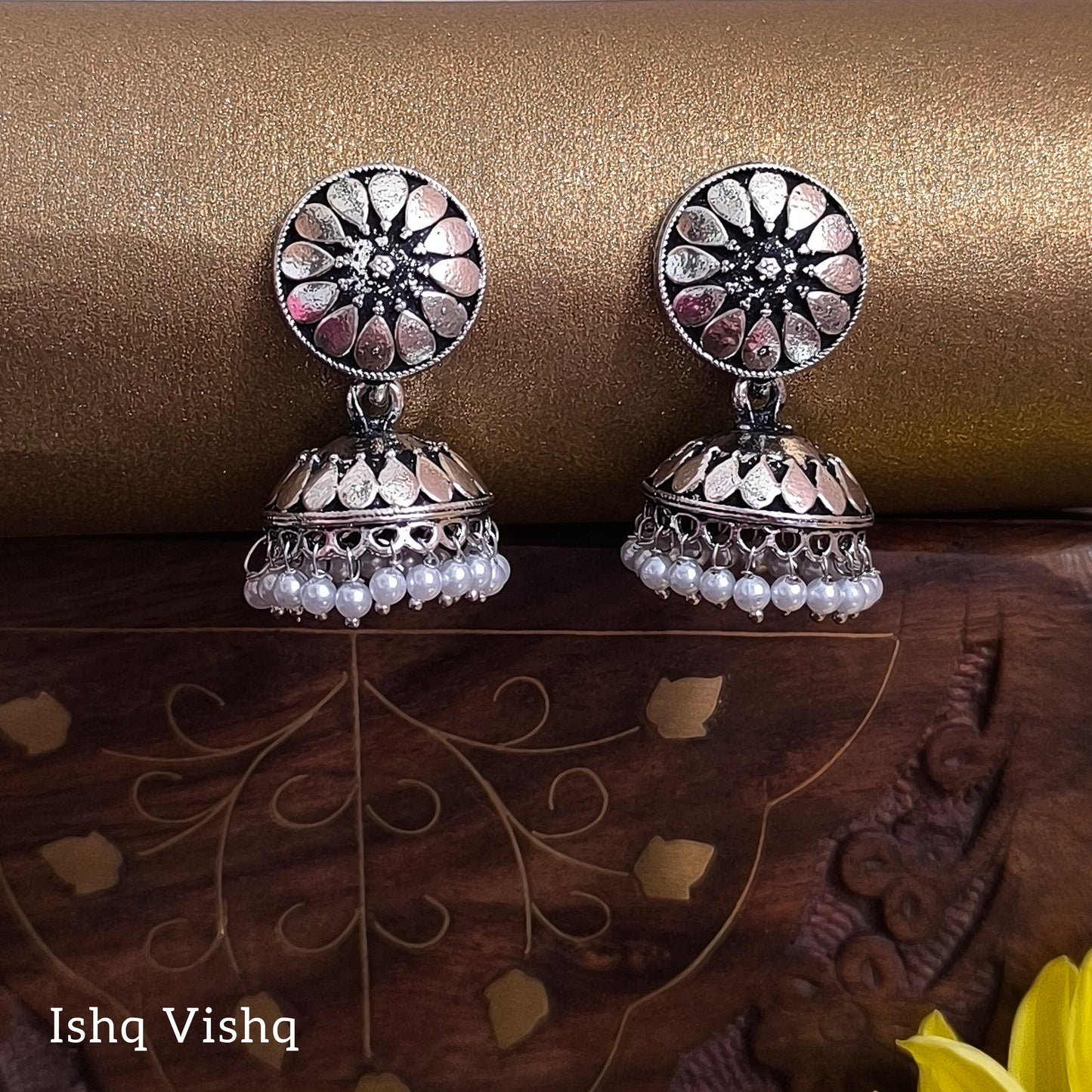 Silver Oxidised Floral Design Pearl Drops Jhumka