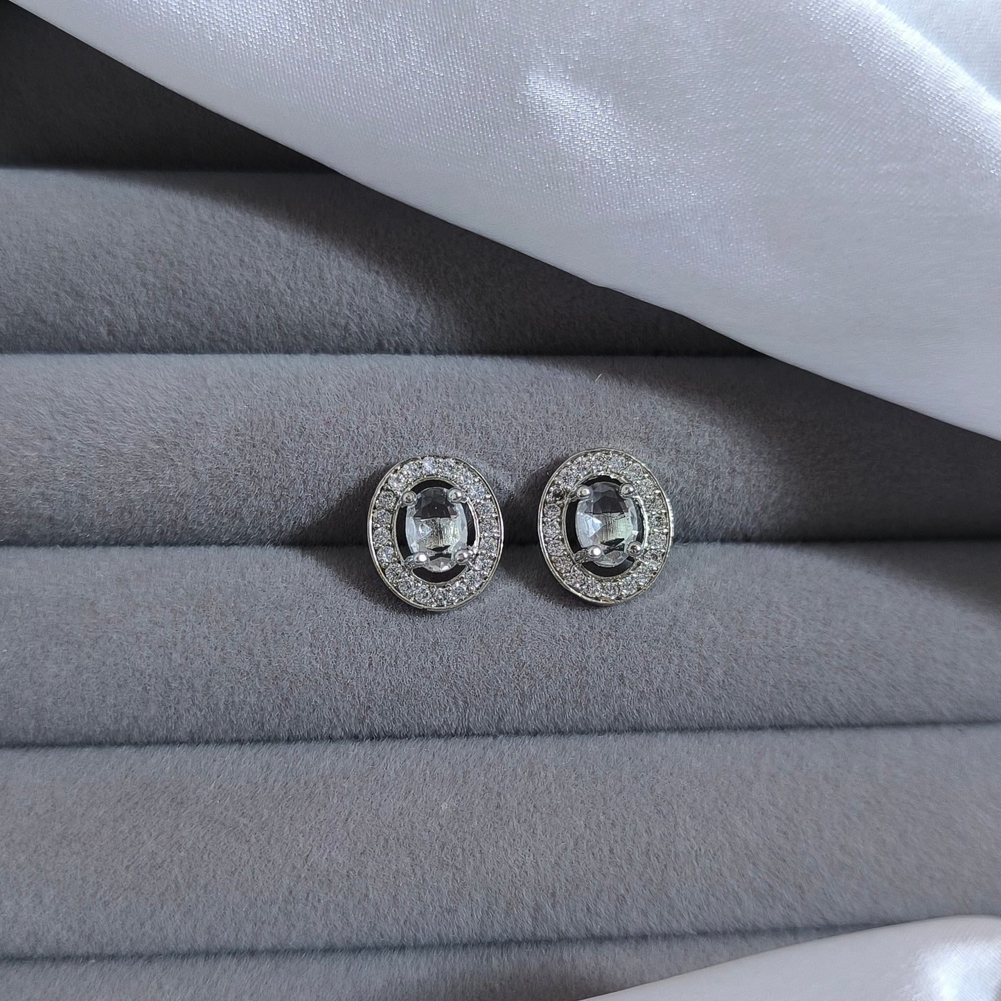Silver Oval Halo Studs