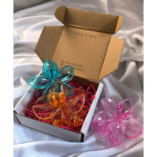 3 Combos of Transparents Floral Claw Clips, Size-L