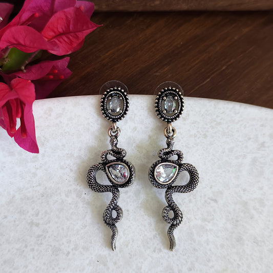 German Silver-Plated Snake Drop Earrings with Silver Monalisa Stone.