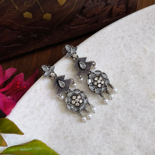 German Silver-Plated Drop Earrings with White Monalisa Stone.