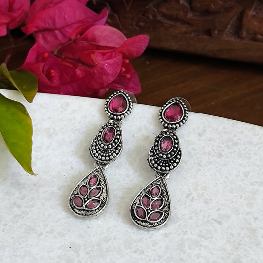 German Silver-Plated Drop Earrings with Pink Monalisa Stone.