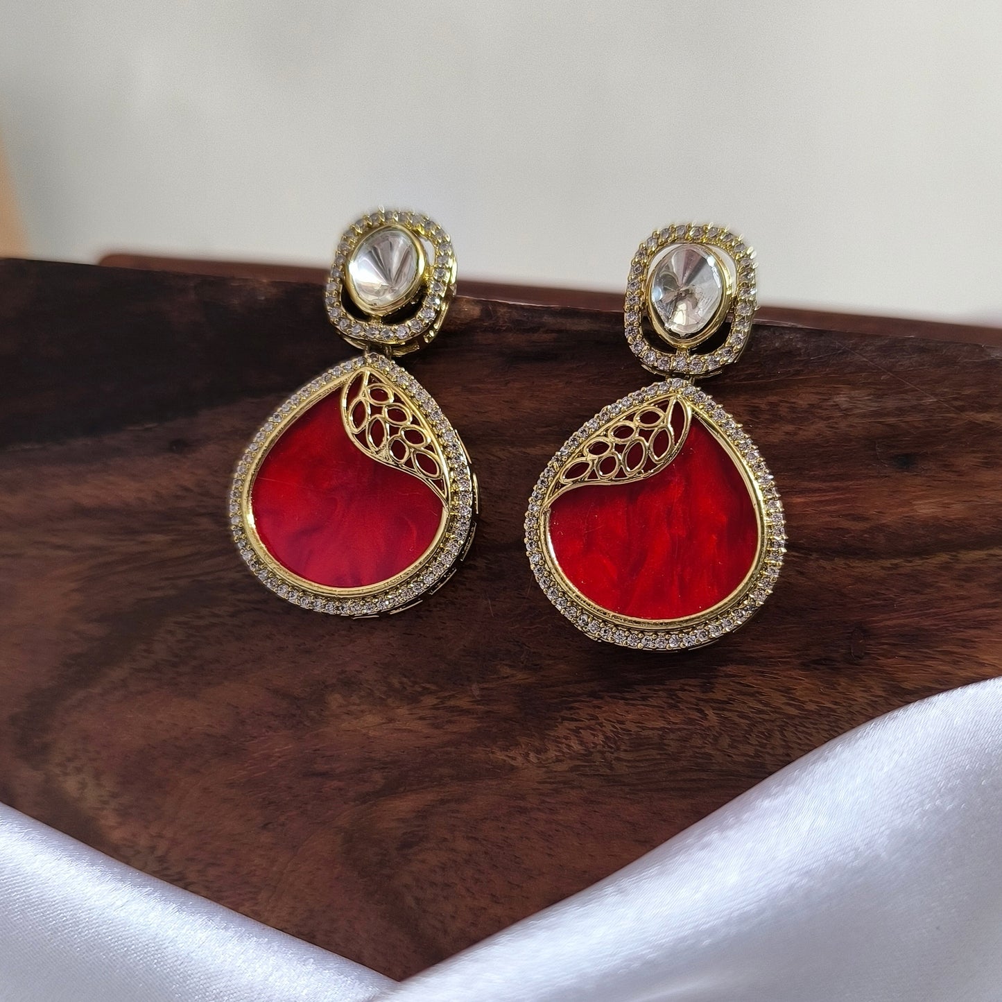 Driti Gold Plating Red Enamel with Polki Stone Designer Premium Earrings
