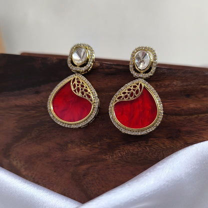 Driti Gold Plating Red Enamel with Polki Stone Designer Premium Earrings