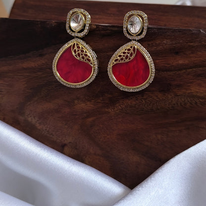 Driti Gold Plating Red Enamel with Polki Stone Designer Premium Earrings