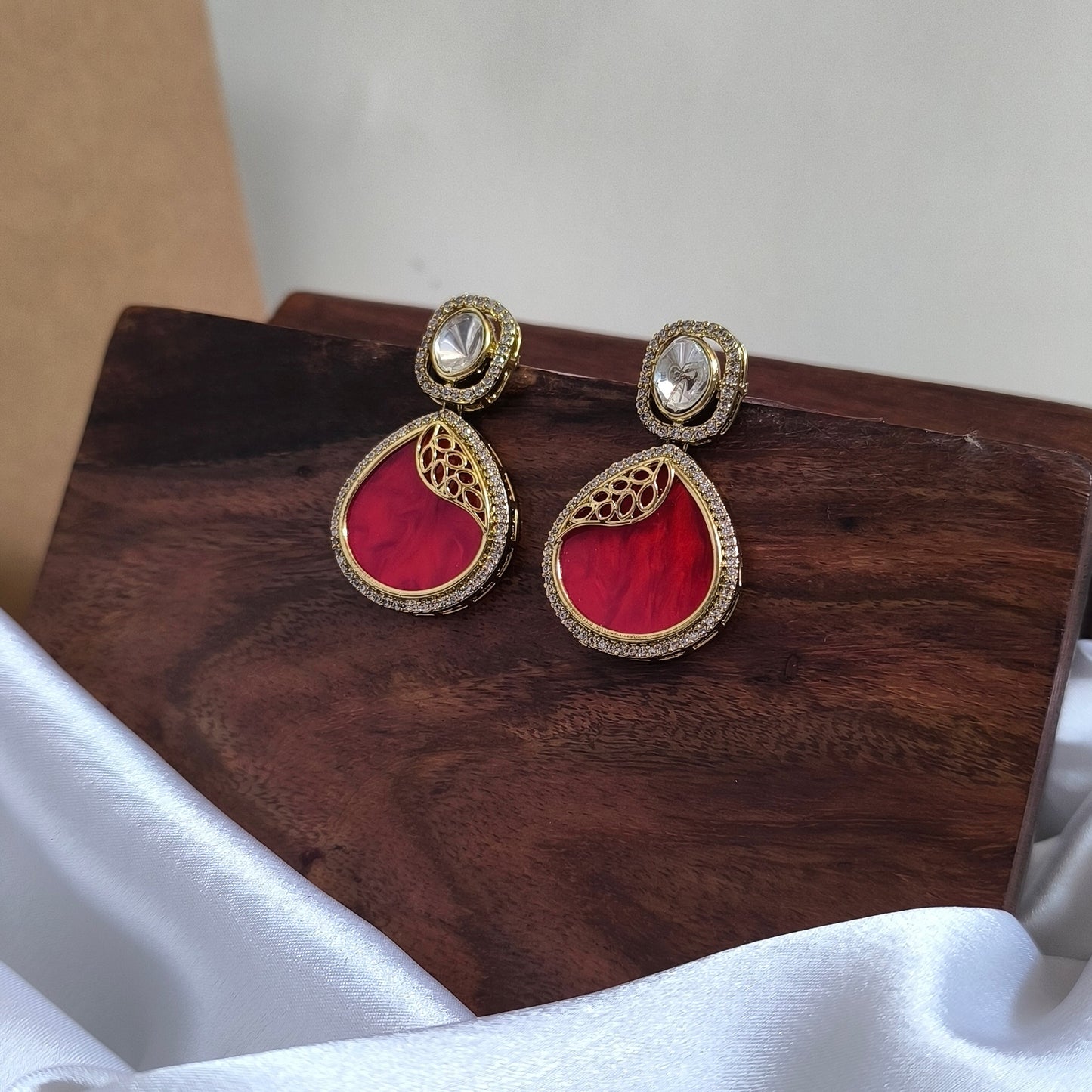 Driti Gold Plating Red Enamel with Polki Stone Designer Premium Earrings