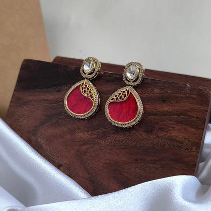 Driti Gold Plating Red Enamel with Polki Stone Designer Premium Earrings