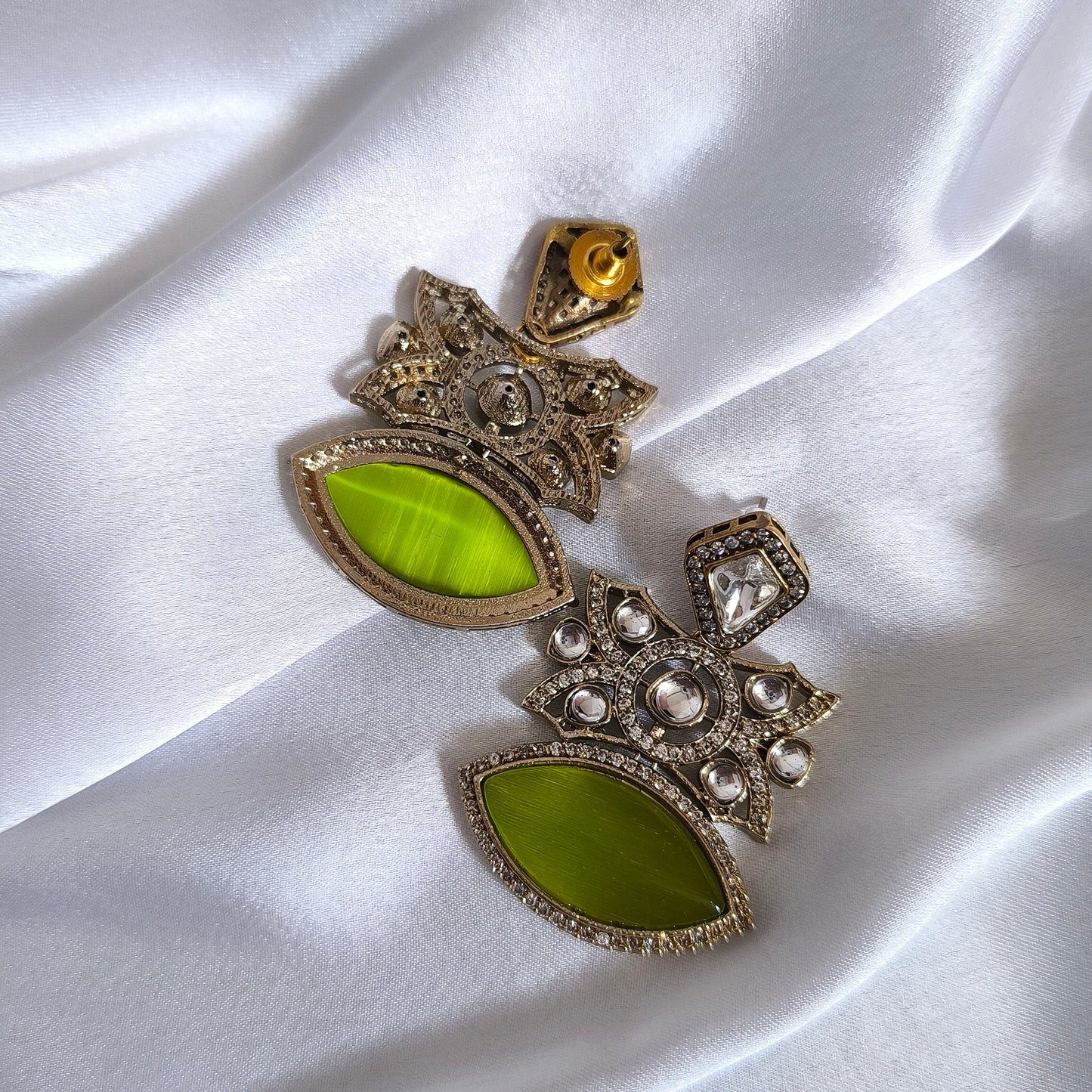 Avni Parrot Cat-Eye Stone with Polki Designer Premium Earrings