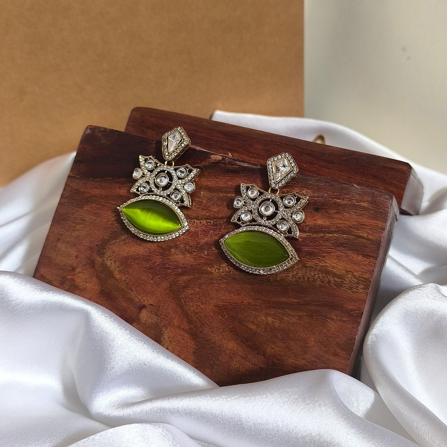 Avni Parrot Cat-Eye Stone with Polki Designer Premium Earrings