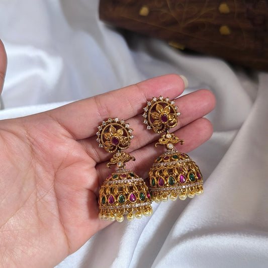 Gold-Plating Cubic Zirconic & Kundan Stones Premium Jhumka