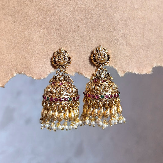 Gold-Plating Peacock & Goddess Lakshmi Pearl Drops Premium Jhumka
