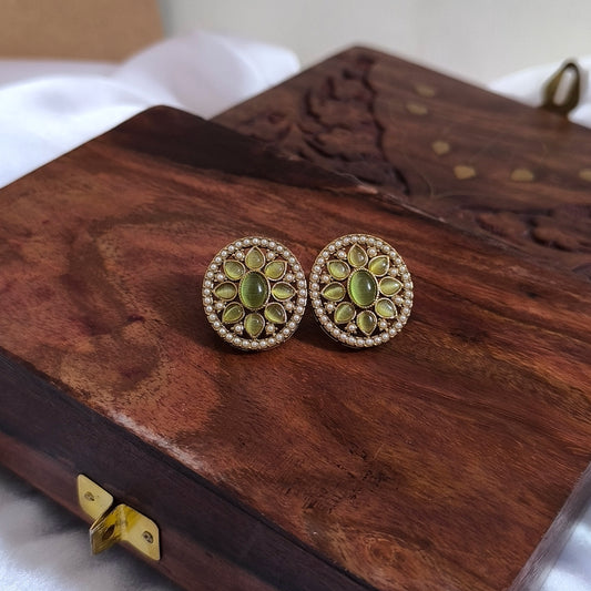Fiza Gold-Plating Olive Kundan Stones & Pearls Premium Studs Earrings