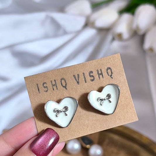 Korean White Heart Bow Enamel Earrings
