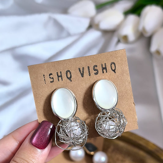 Korean Silver Wire with White Stone and Pearl Drops Earrings
