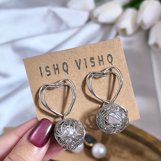 Korean Silver Wire Heart Pearl Earrings