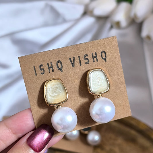 Korean Glittery Yellow Enamel and Pearl Drops Earrings