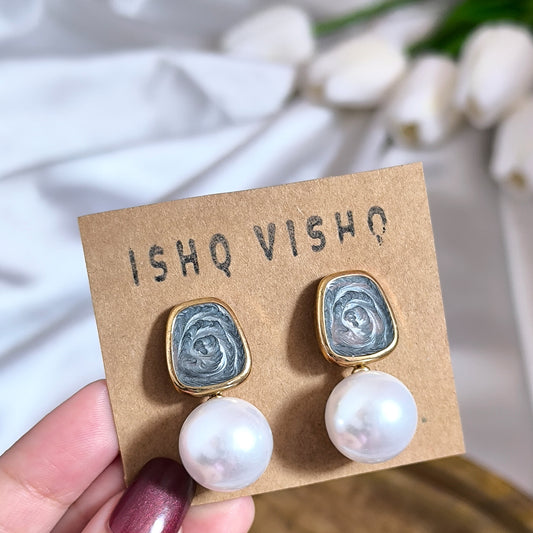 Korean Glittery Grey Enamel and Pearl Drops Earrings