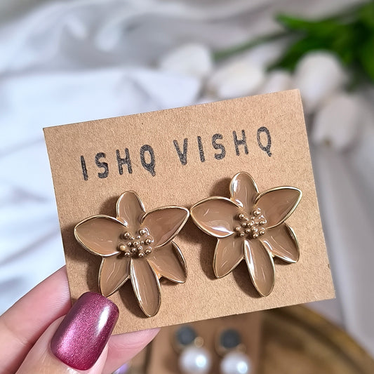 Korean Chocolate Brown Floral Enamel Earrings