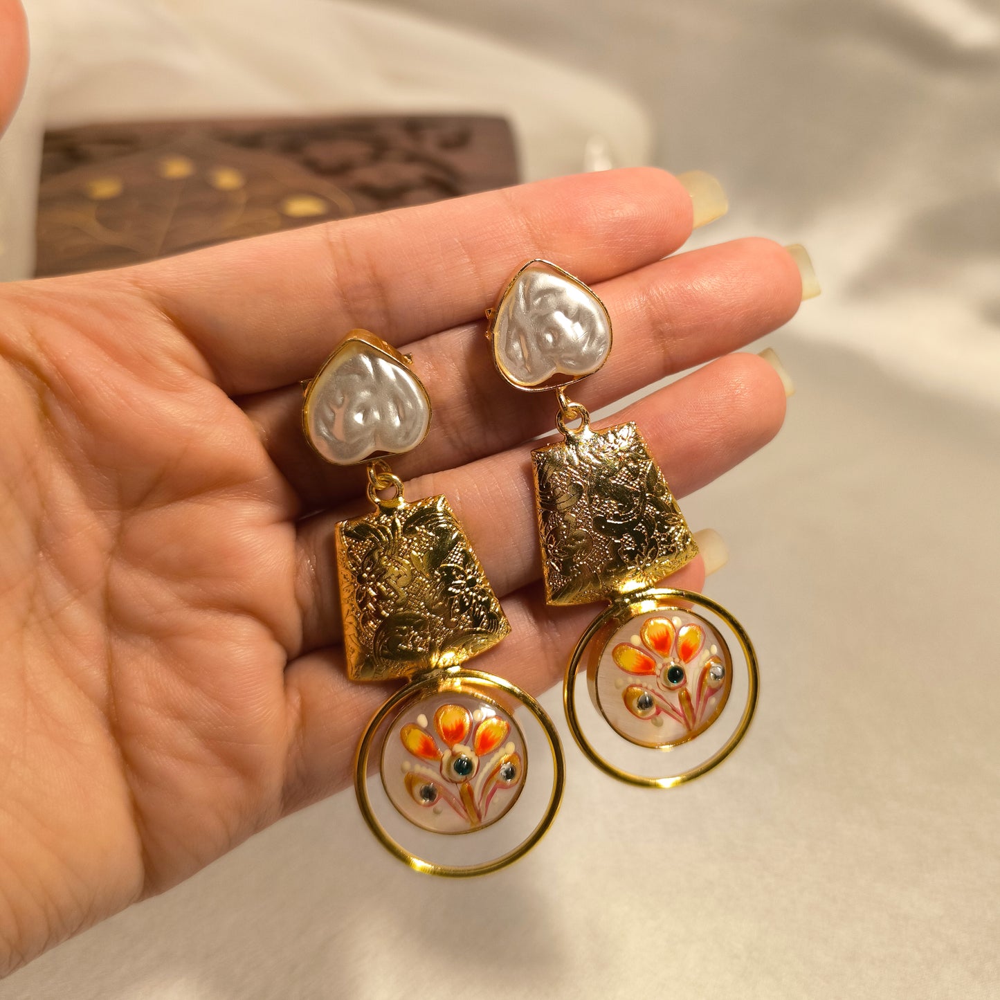 Pearl Petal Aura with Hand-painted Stone Earrings