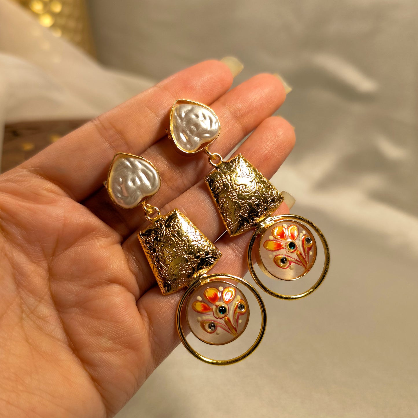 Pearl Petal Aura with Hand-painted Stone Earrings