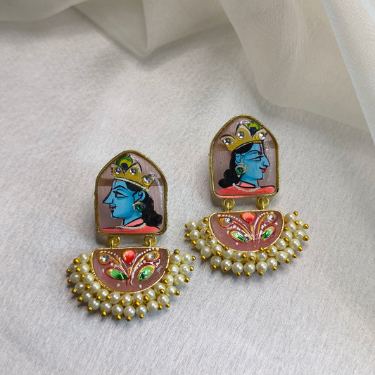 Hand-Painted Lord Krishna on Agate Stone Premium Earrings